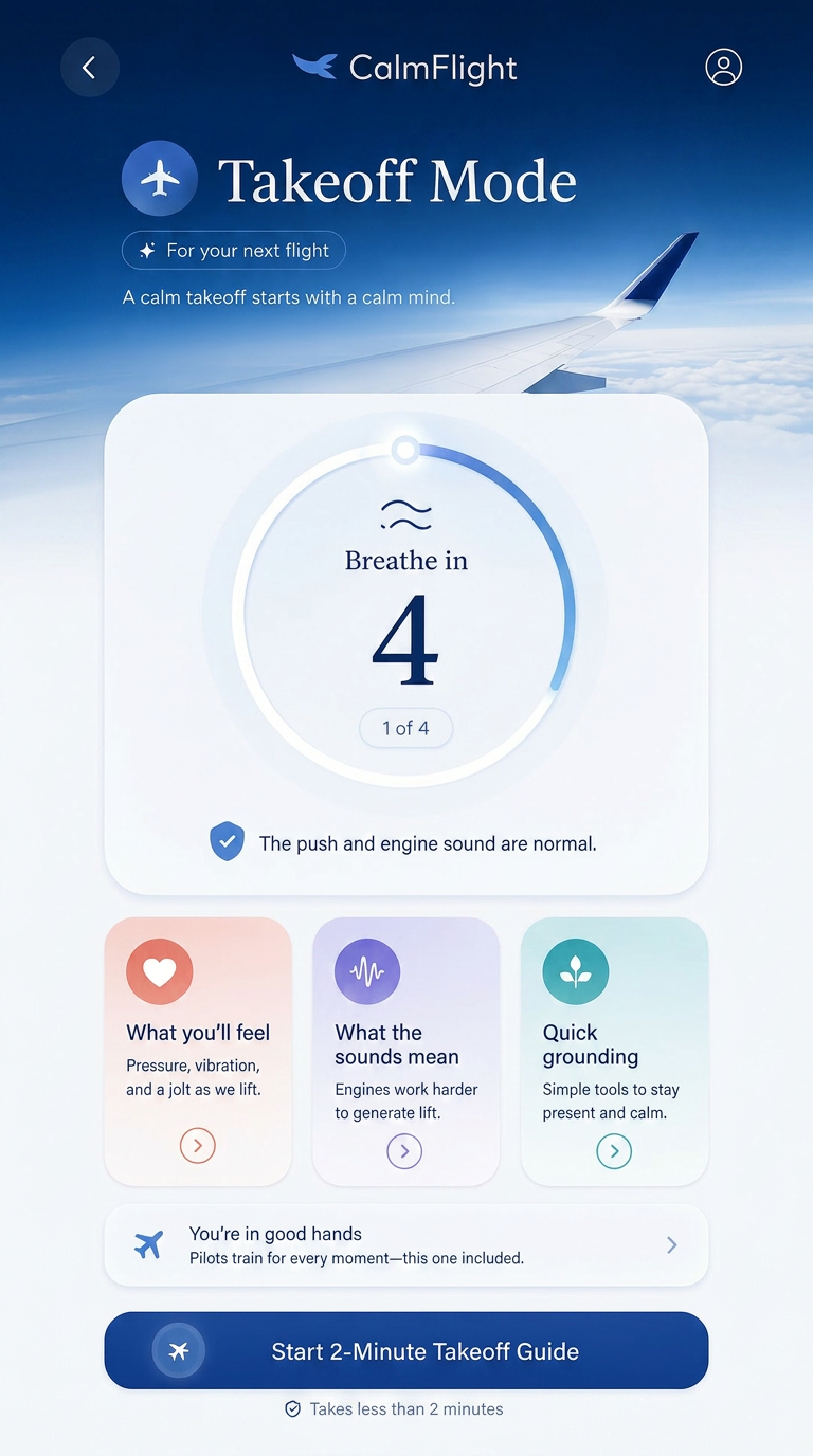 CalmFlight Takeoff Mode screen showing a breathing ring and 2-minute takeoff guide